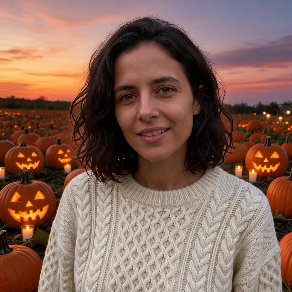 Un retrato y tres ediciones de Halloween con IA: escena entre calabazas iluminadas, look de vampiro gótico y estilo de dibujos animados de Halloween