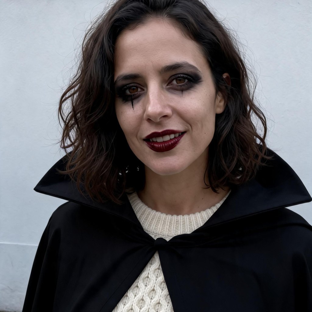 Un retrato y tres ediciones de Halloween con IA: escena entre calabazas iluminadas, look de vampiro gótico y estilo de dibujos animados de Halloween