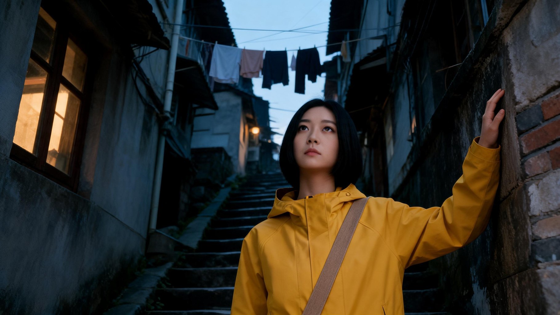 One still of the courier on an alley staircase in four film looks: None, Film, Warm and Cool