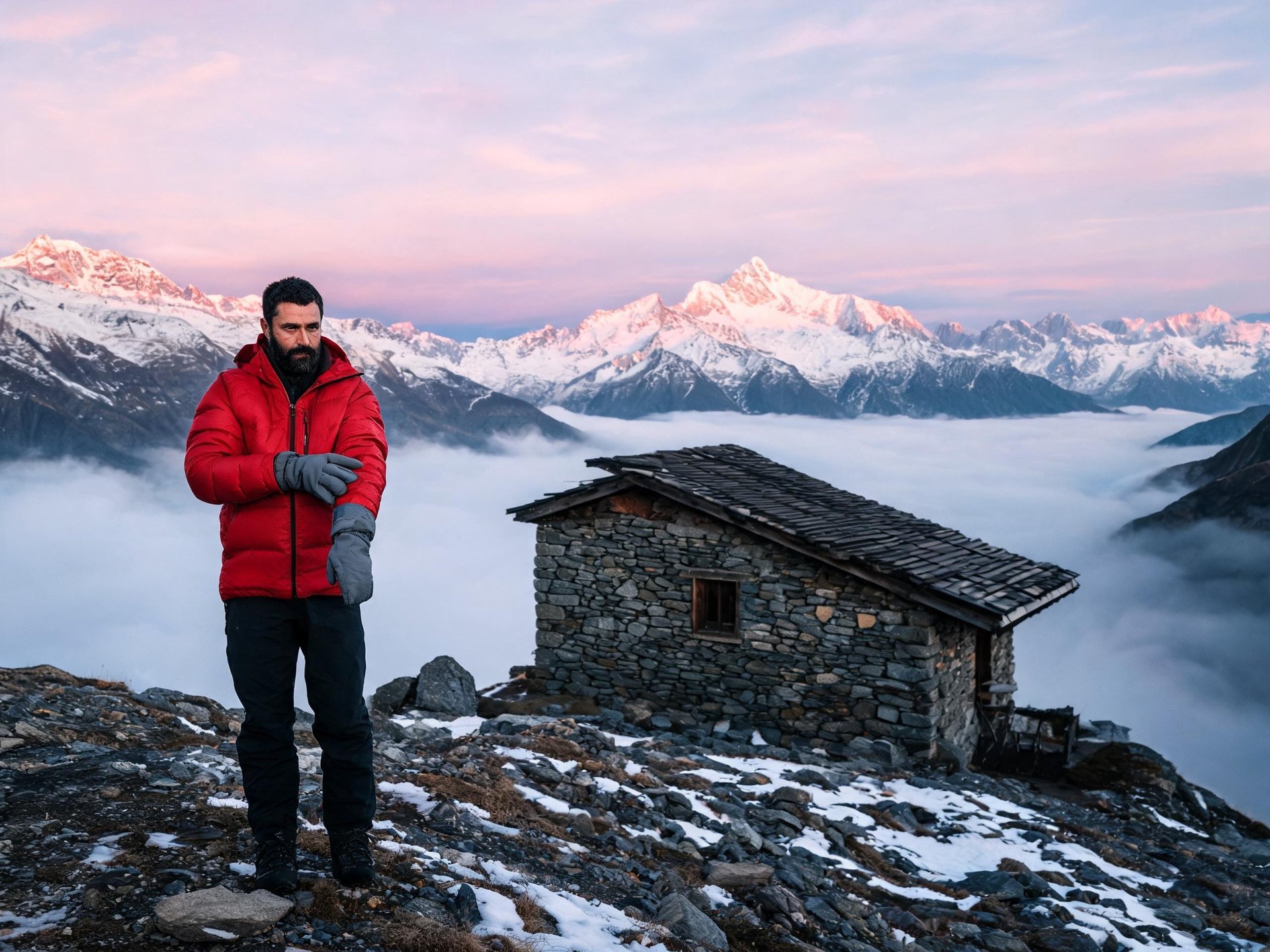 Film still of a short film's lead character: a mountain guide in a red jacket outside an alpine hut at dawn