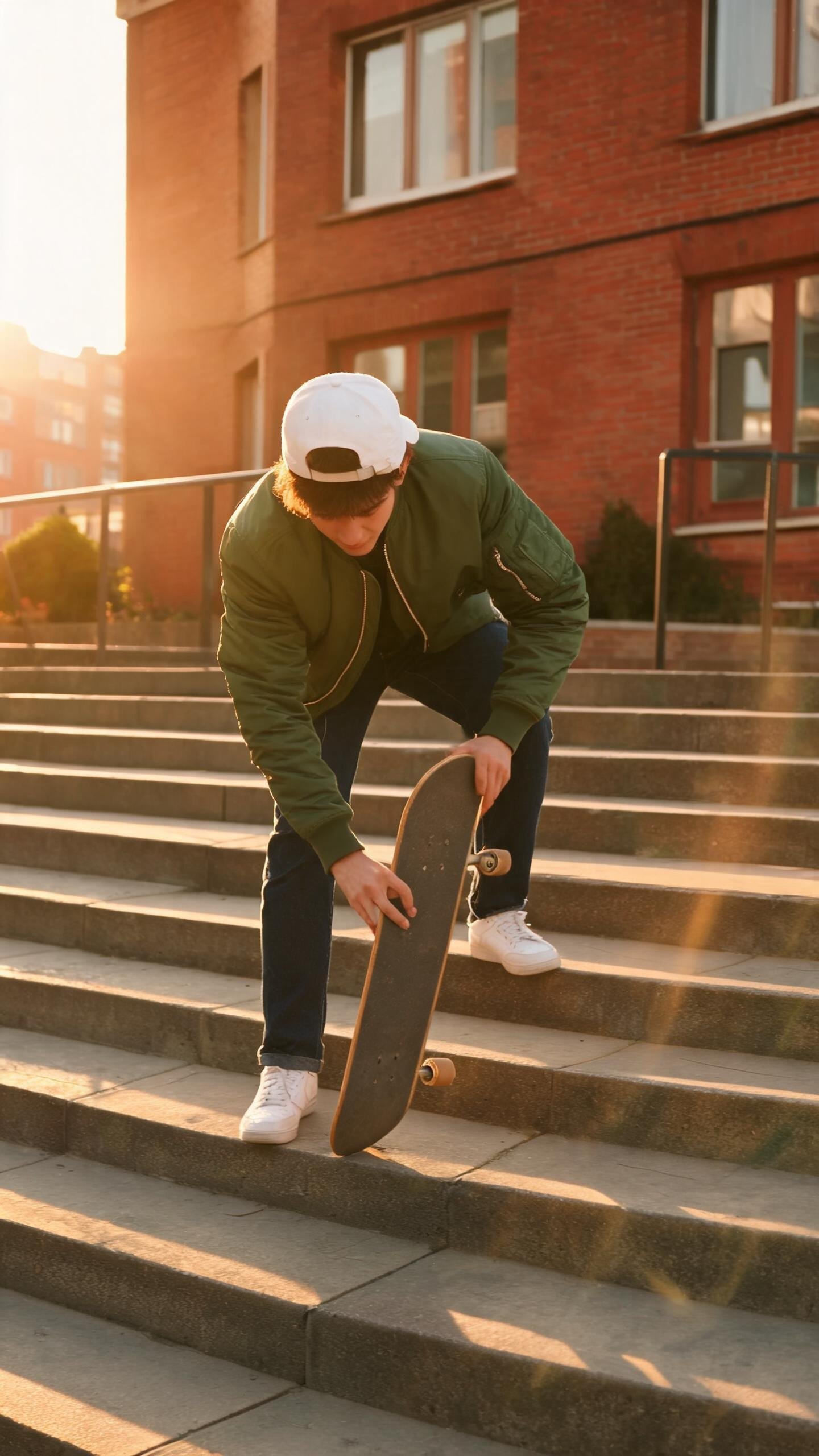 Three vertical frames of one story with the same character: a skateboarder in a green jacket crossing a city at sunset