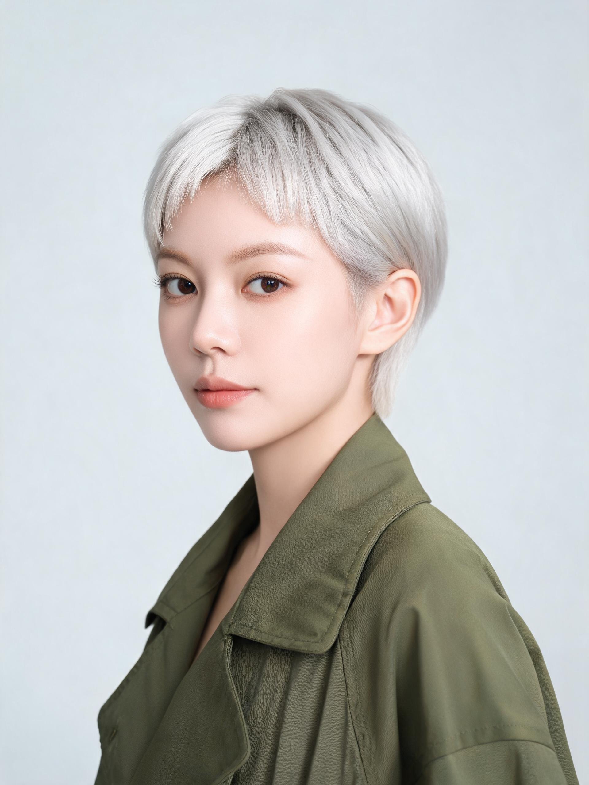 Two reference images for a mood film: a character with short silver hair in an olive trench coat and a hazy greenhouse location