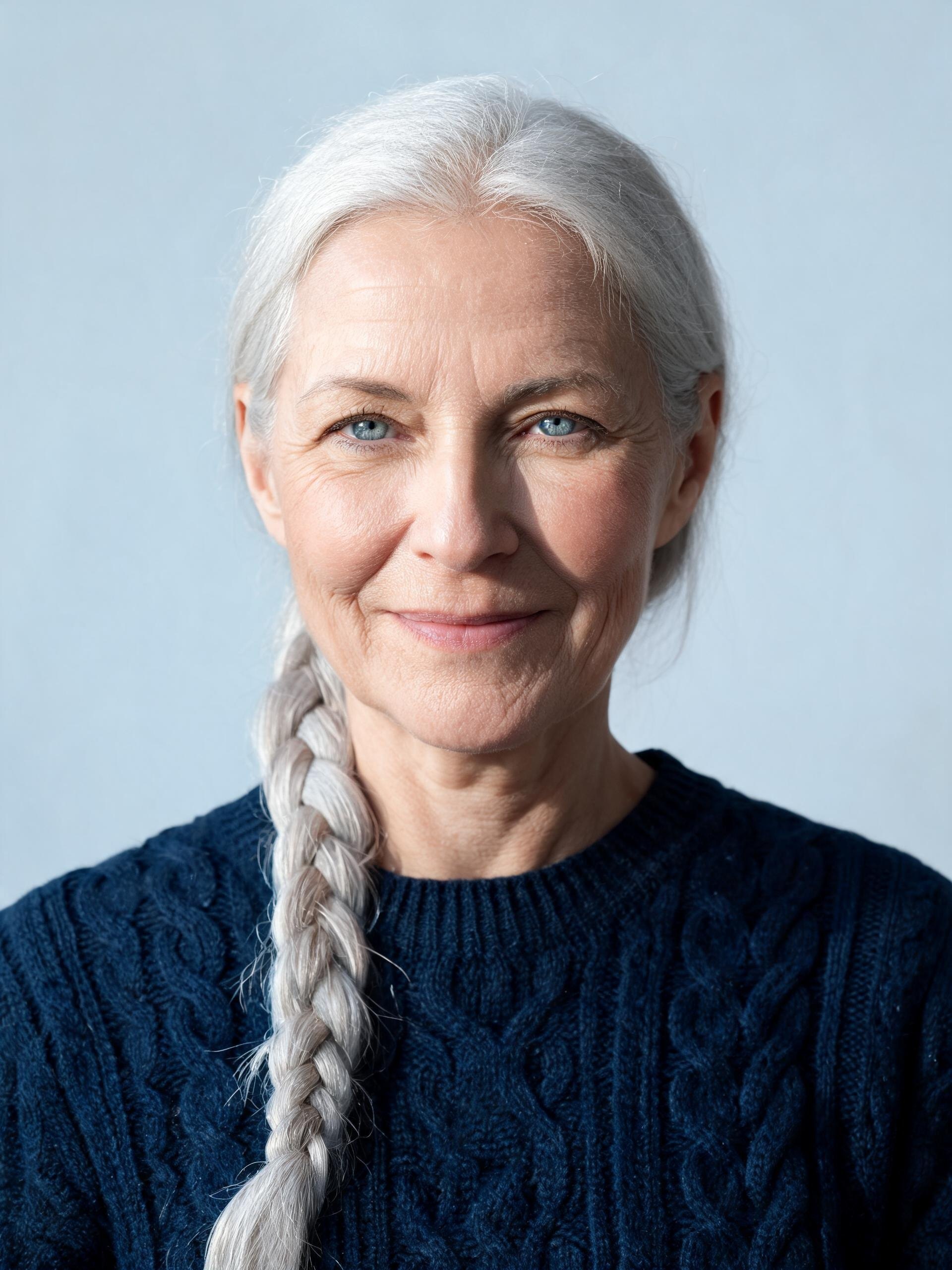 Portraits of the two recurring characters of a lighthouse café story: a café owner in her sixties with a silver braid and a young cyclist in an orange windbreaker