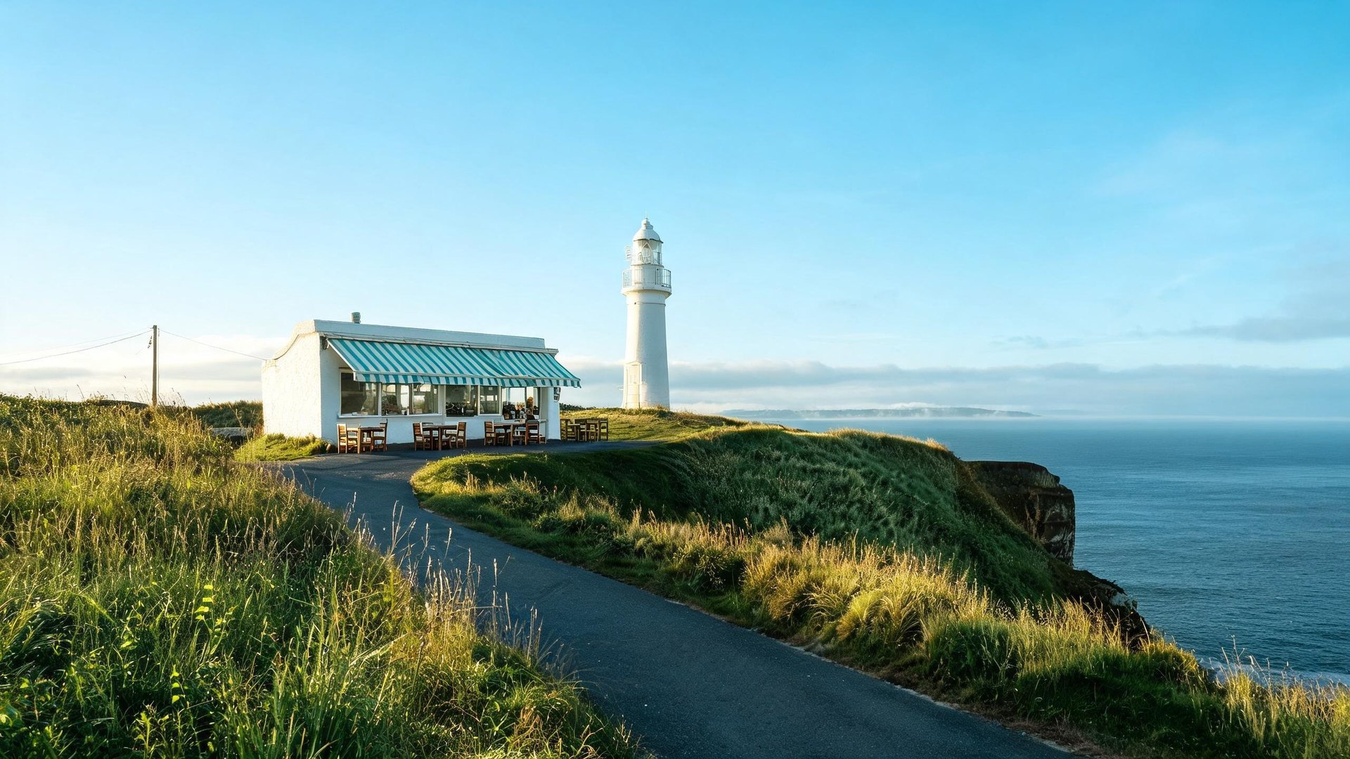 Six AI-generated storyboard stills in shot order: clifftop lighthouse, cyclist in fog, café terrace, café door, lighthouse beam, two people at a window