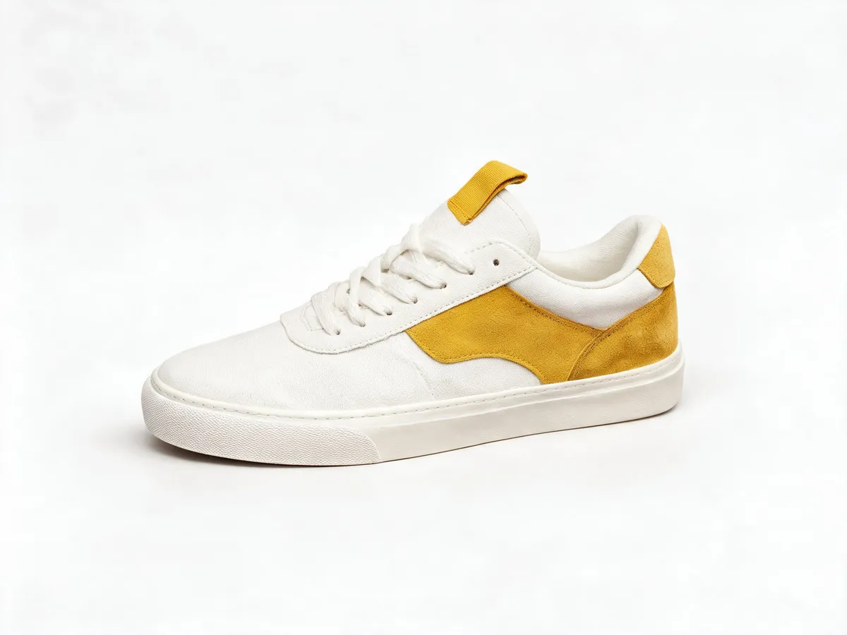 Sneaker photographed on a cluttered desk, then the same sneaker on a plain white background after one prompt