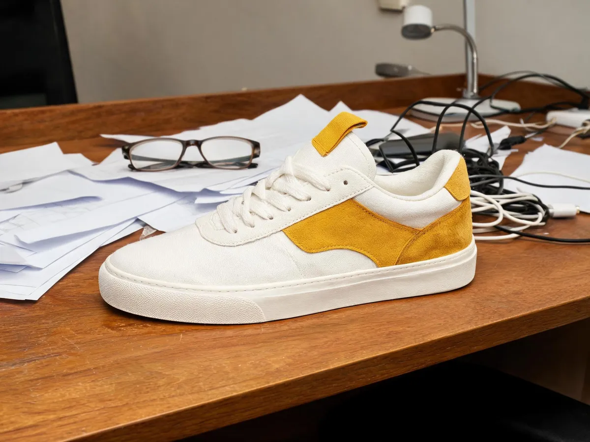 Before: a sneaker photographed on a cluttered desk