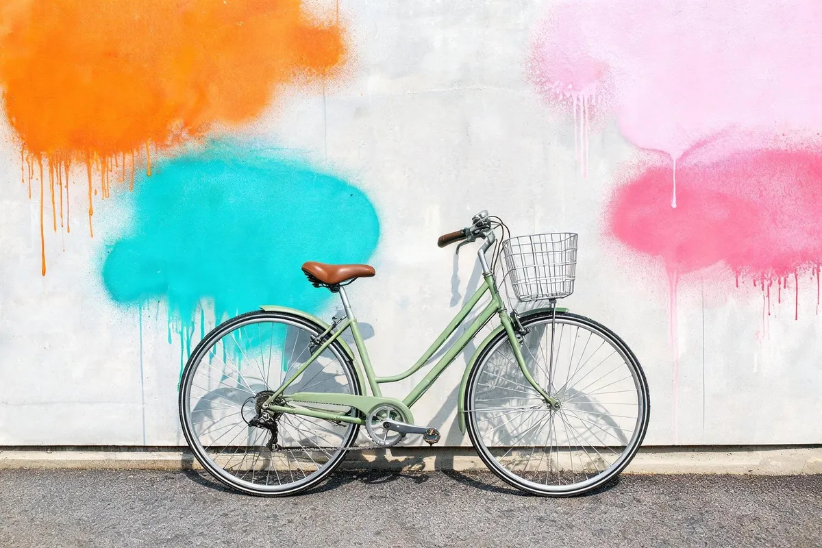 Before: bicycle leaning on a graffiti wall