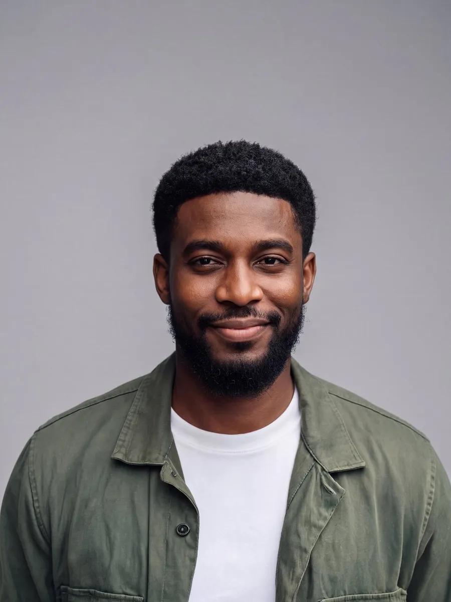 Adult in a casual jacket on a busy street, then the same portrait on a soft grey studio backdrop