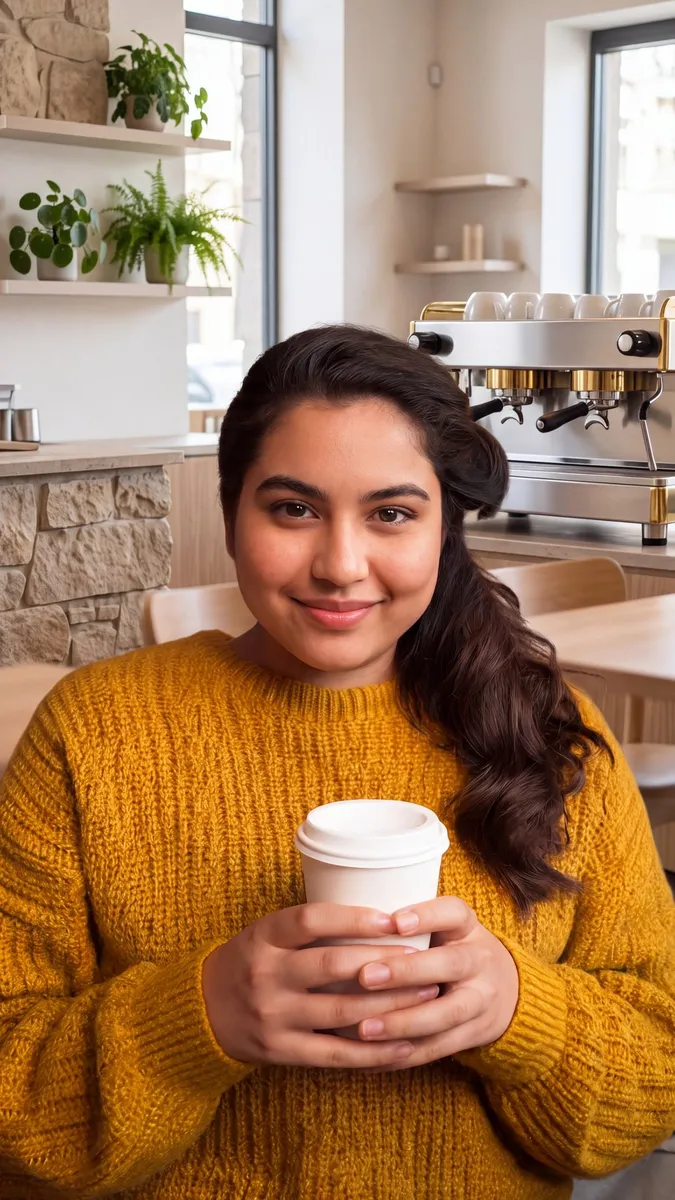 Creator holding a coffee cup in a messy room, then the same shot in a bright café interior
