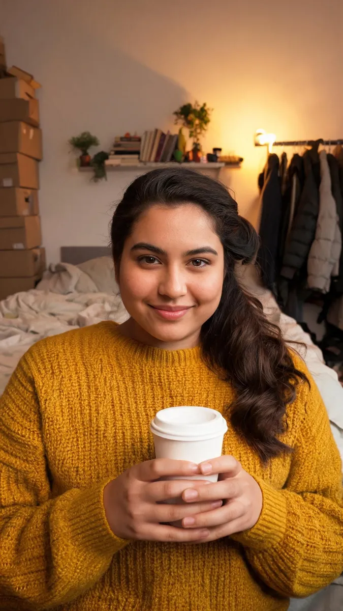 Before: creator holding a coffee cup in a messy room