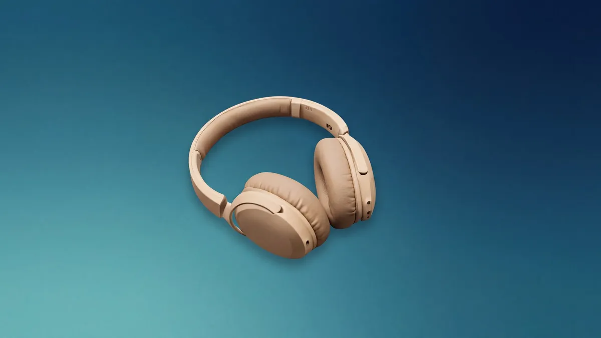 Headphones on a desk, then the same headphones on a teal-to-navy gradient backdrop