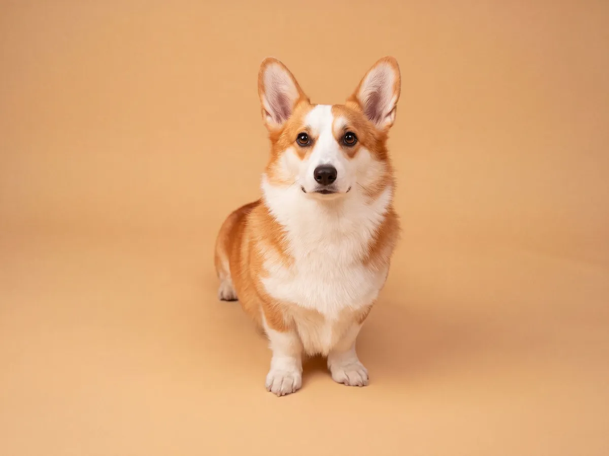 Dog sitting on a patterned rug, then the same dog on a plain warm-beige backdrop