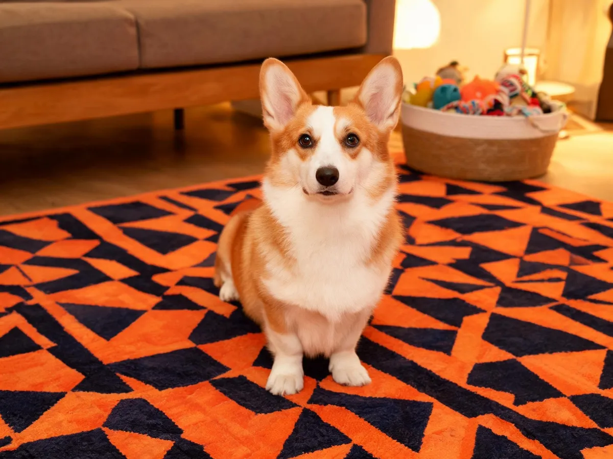 Before: dog sitting on a patterned rug