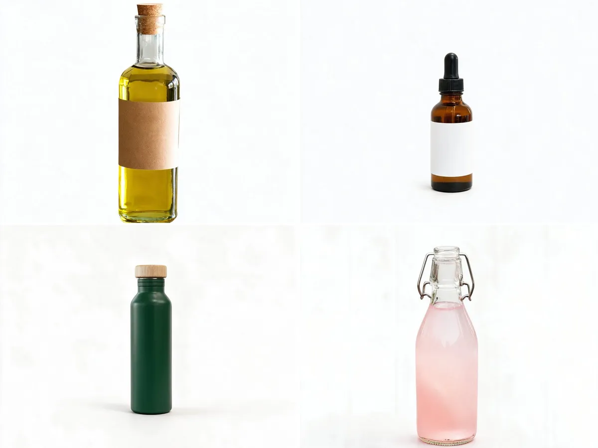 Four bottles from one Batch Mode run, each on the same white background