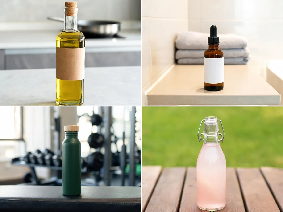 Before: four bottles in their own everyday settings, before one Batch Mode run