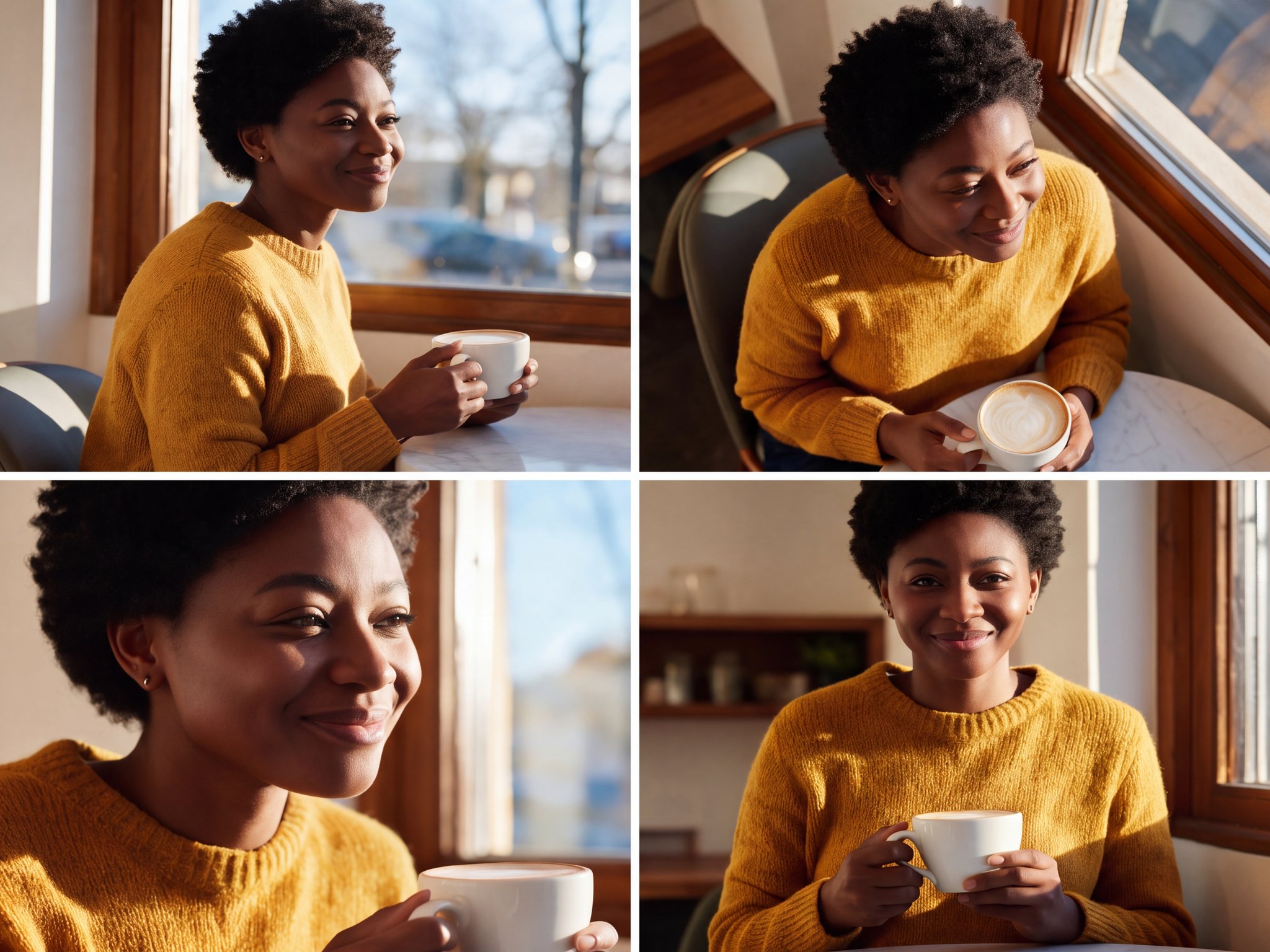 One café photo, four matching shots made from it, and the 2×2 collage built from them in ZenCreator