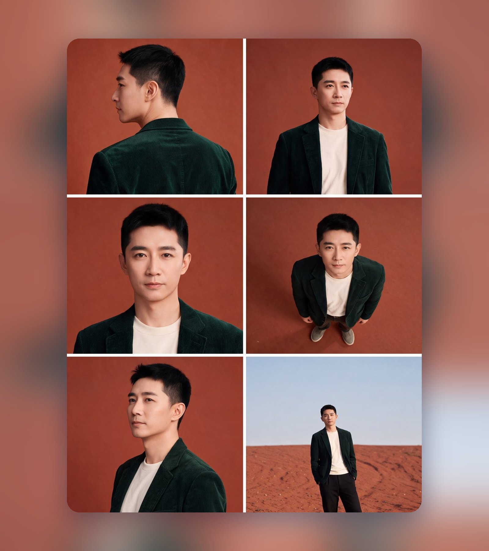 Mood board collage of one persona in six frames