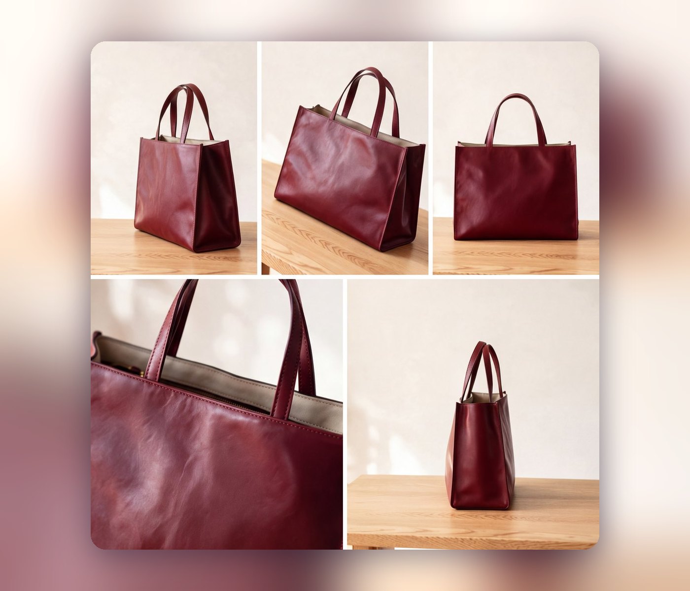 One bag photo turned into a collage of five angles on a clean background