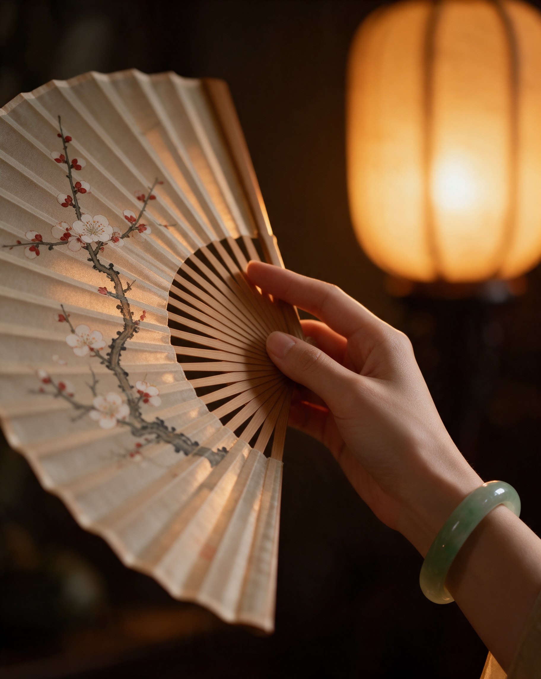 A hand slowly opening a painted silk fan with plum blossoms under lantern light