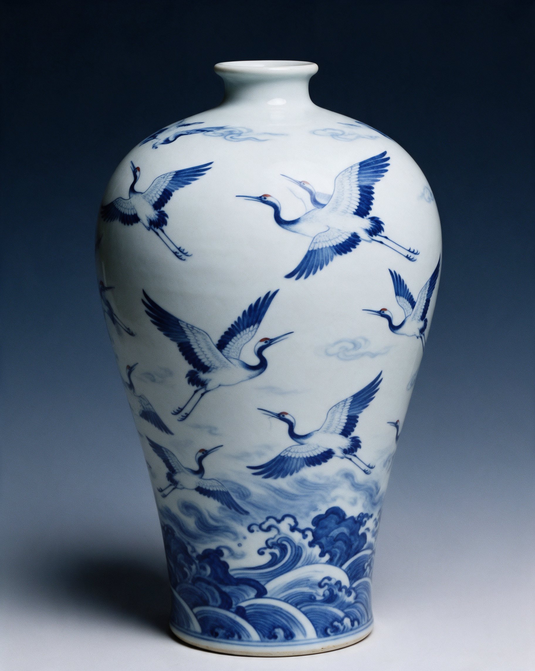 Blue-and-white porcelain vase with painted cranes lifting off its surface