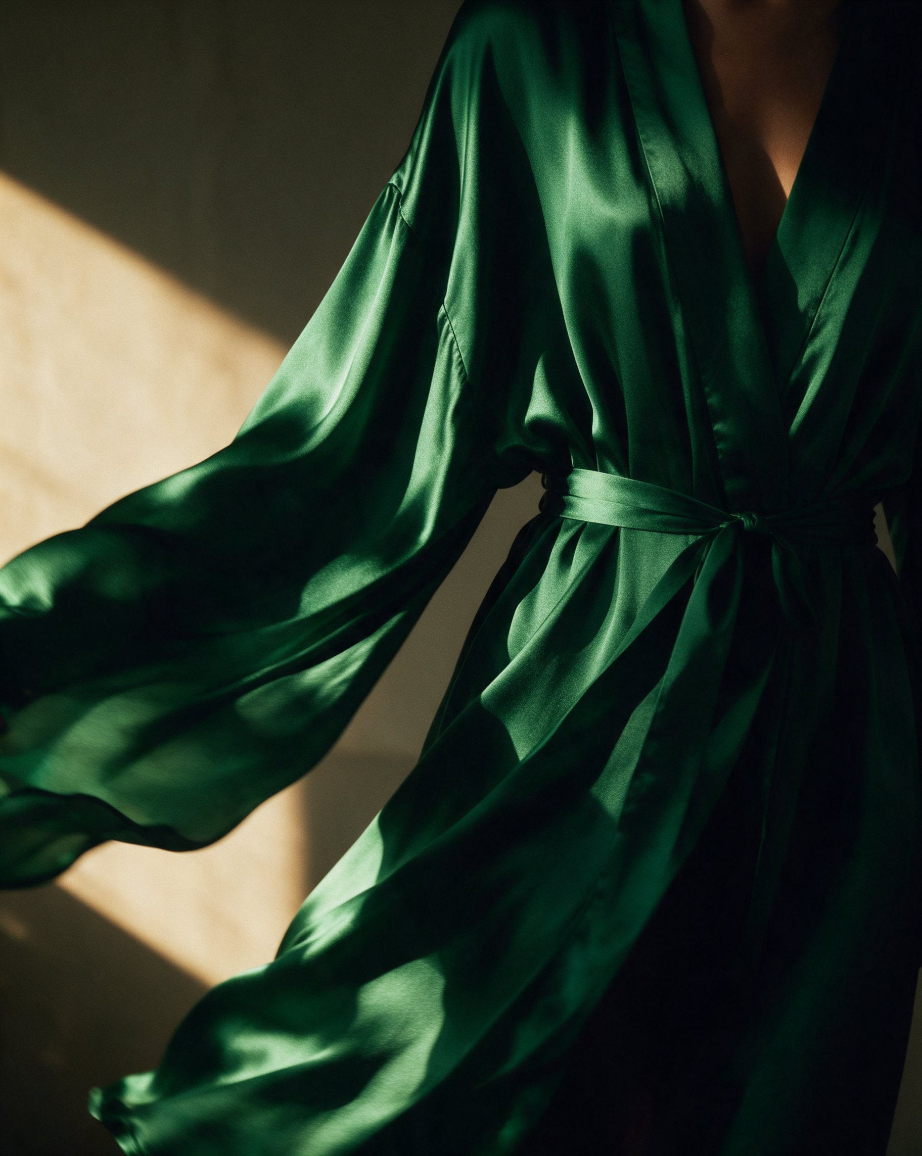 Emerald silk robe moving in a soft breeze under warm side light