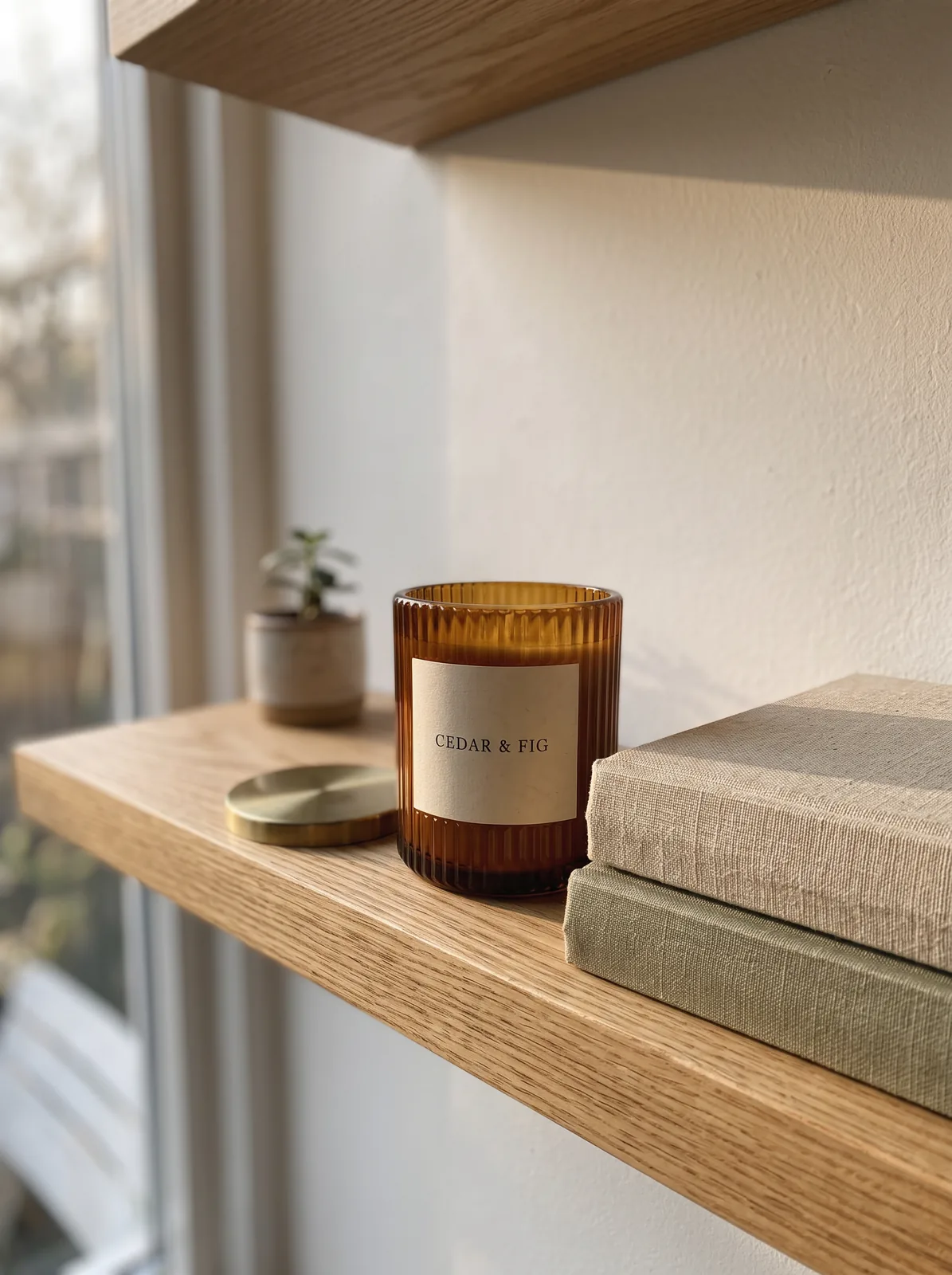 Candle jar on a plain surface, then placed on an oak shelf by a window in ZenCreator Image Editor