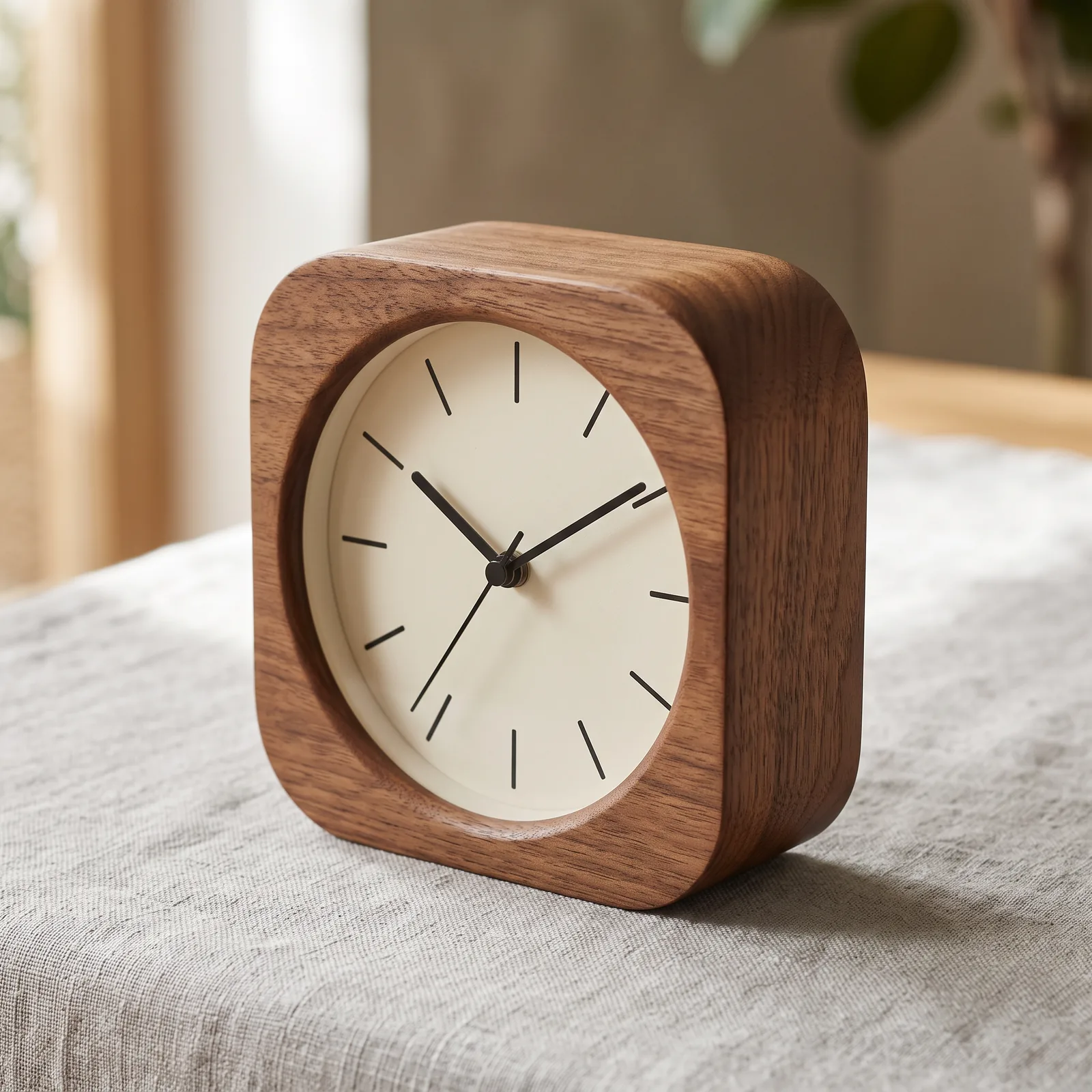 One photo of a wooden desk clock and three new angles of it generated with ZenCreator Variations