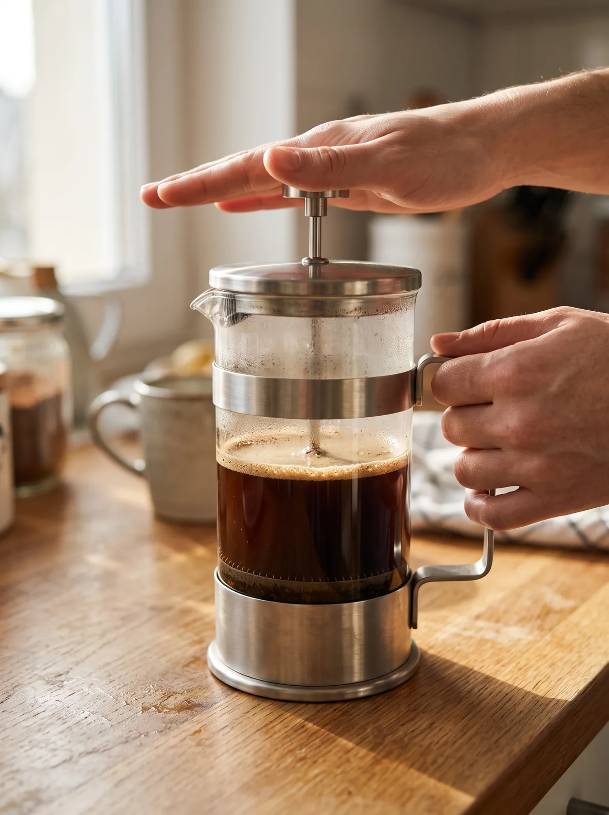 Hands pressing coffee in a glass French press in a home kitchen, image made with ZenCreator