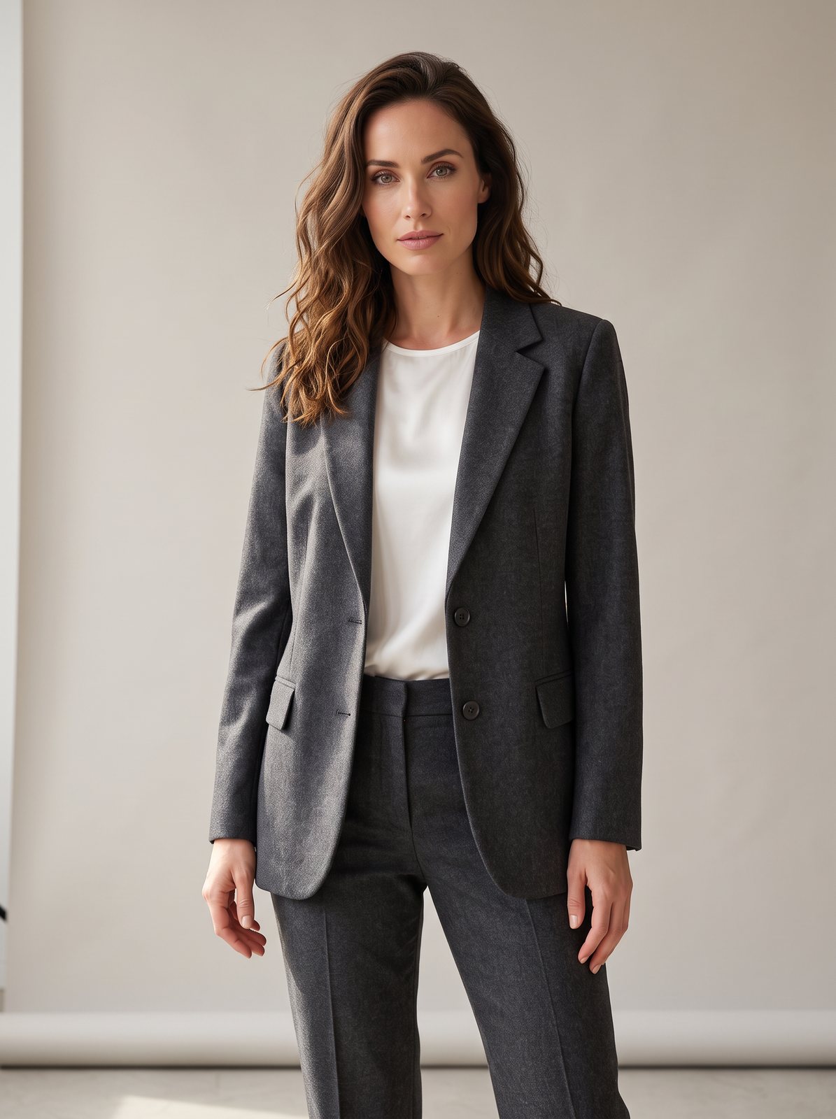 The AI-generated model wearing the same blazer