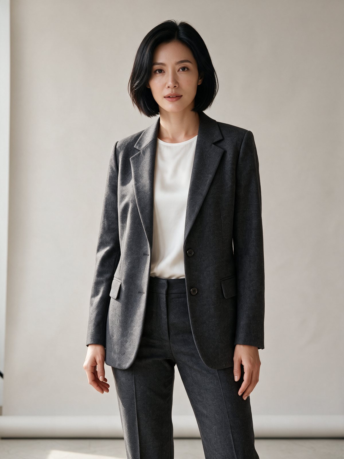 Second AI-generated model in the same blazer and frame
