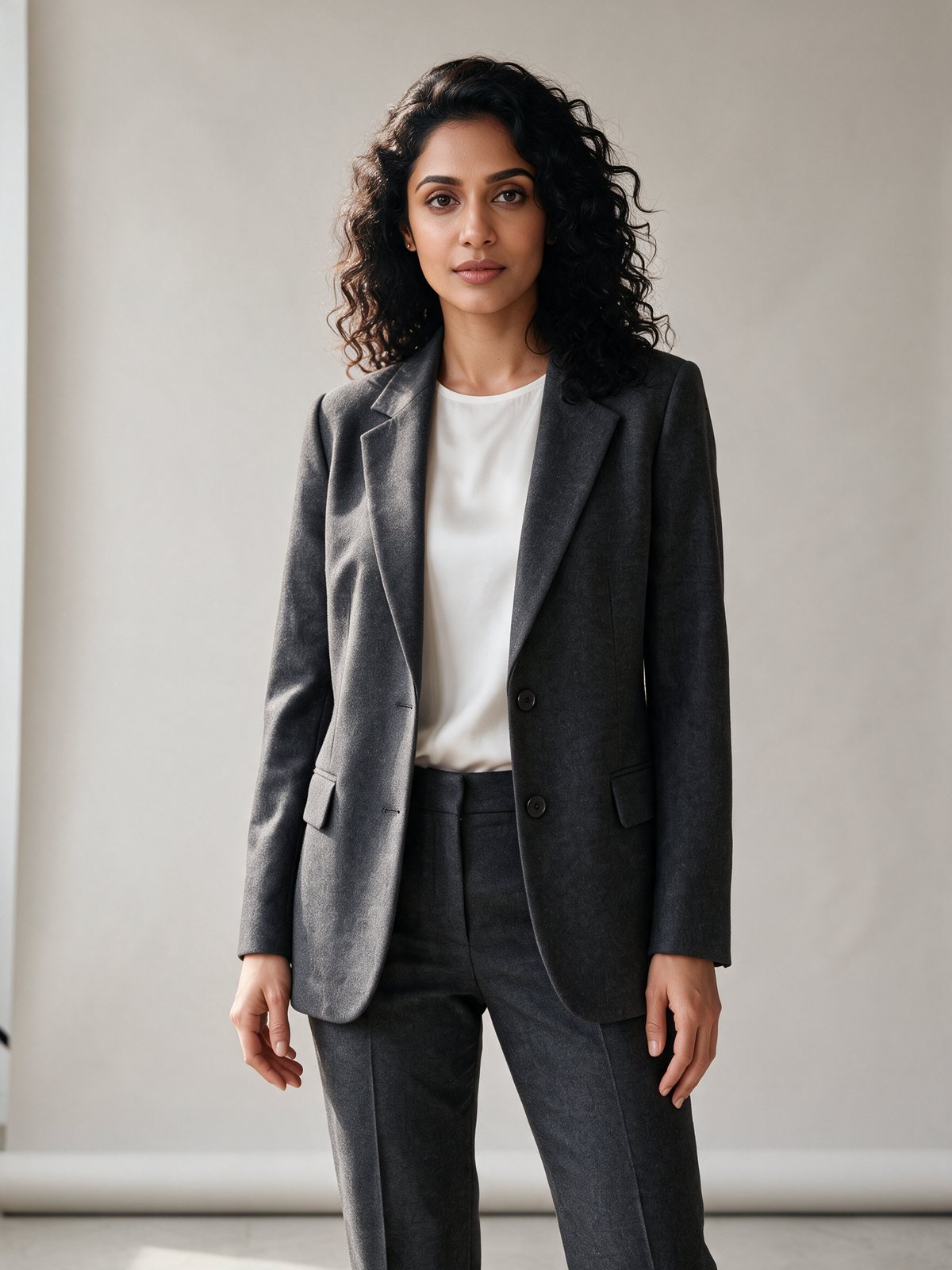 Third AI-generated model in the same blazer and frame