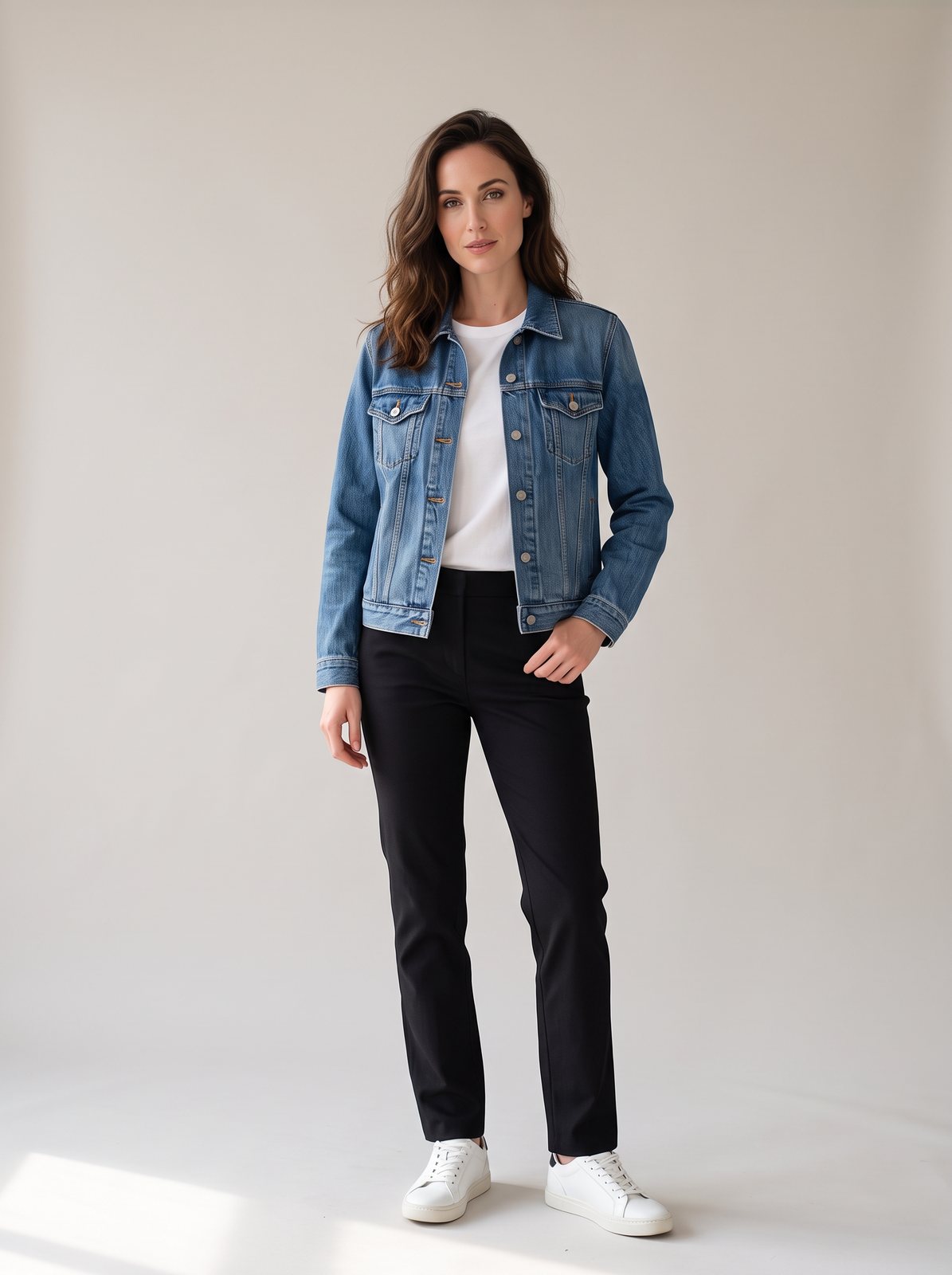 The same AI-generated model in a denim jacket