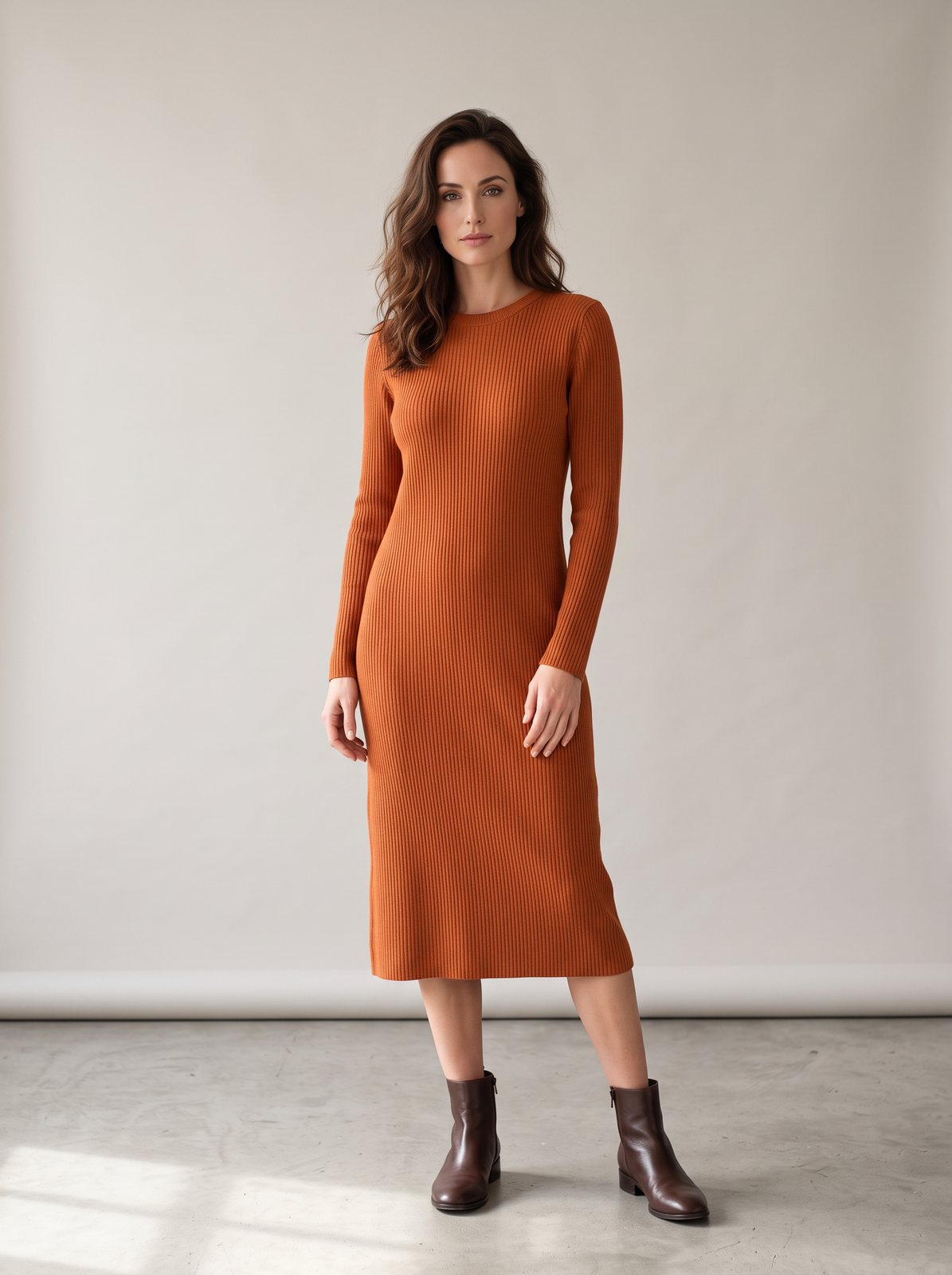 The same AI-generated model in a rust knit midi dress