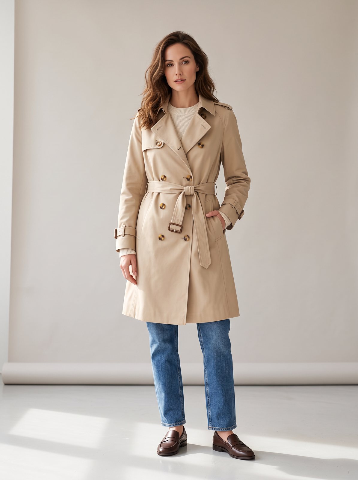 AI-generated model with the same face in a trench coat, a knit dress and a denim jacket