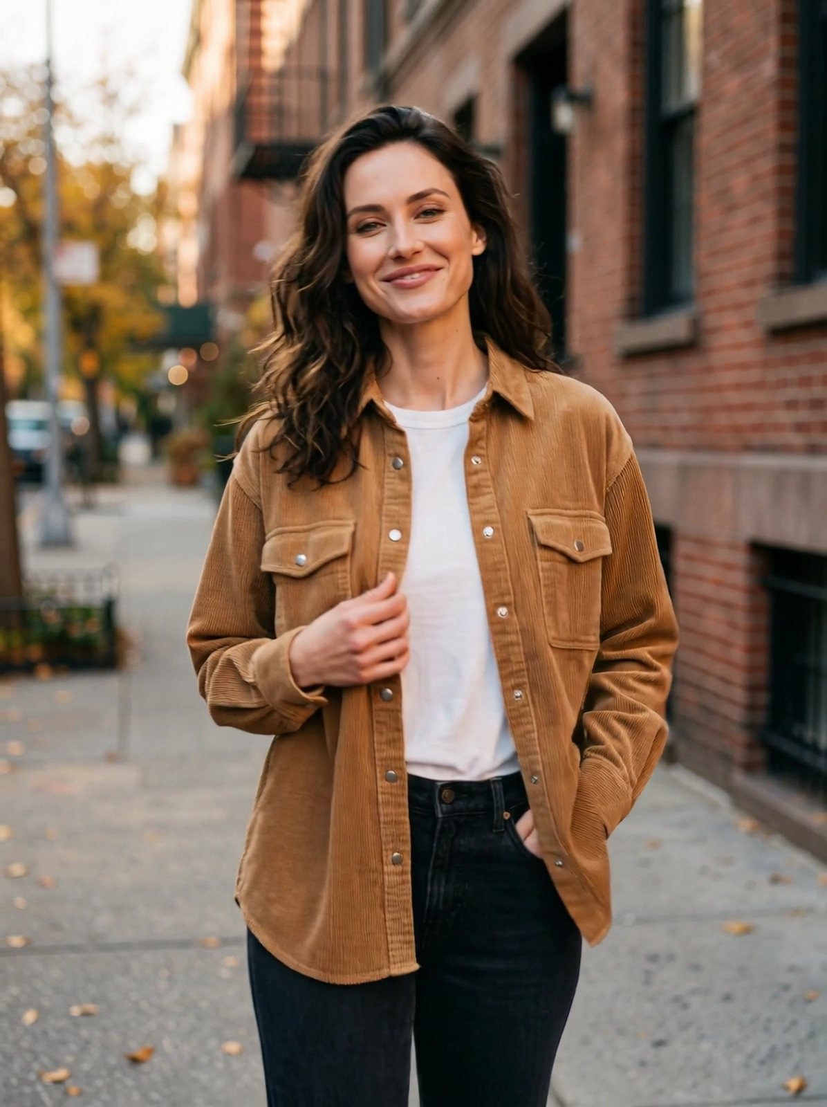 The same model in a camel corduroy overshirt, still from an Image to Video clip