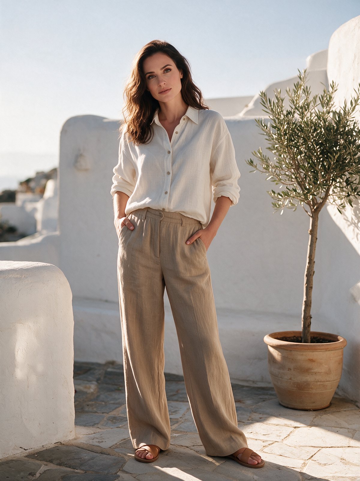The hero's AI-generated model in a linen shirt on a sunlit terrace