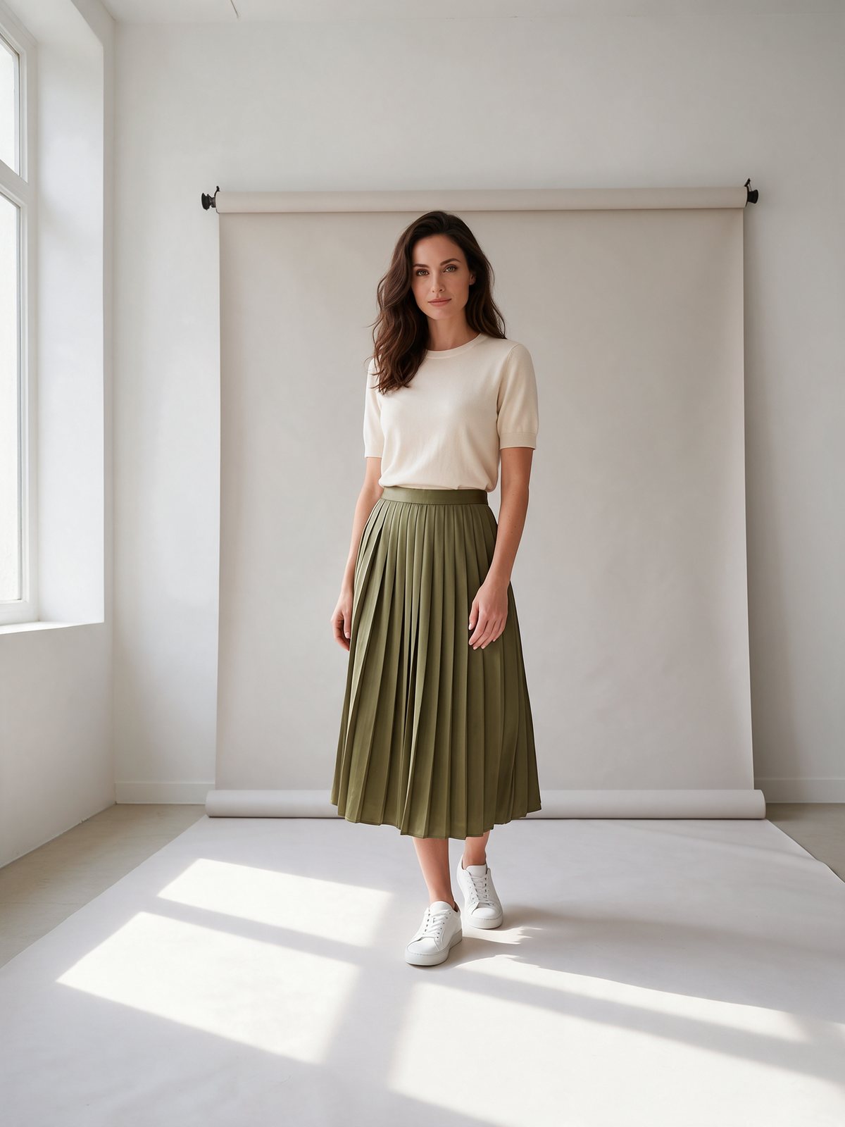 The same model in a pleated skirt and knit top: three Variations angles of one frame
