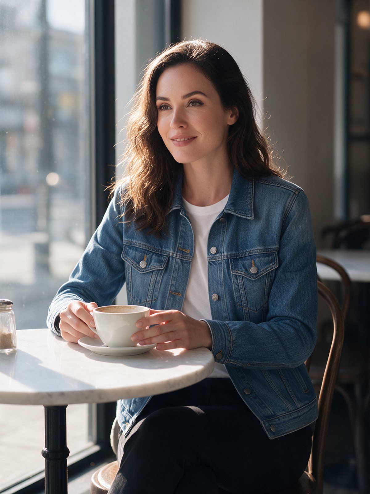 Photoshoot frame in a café, same model and outfit