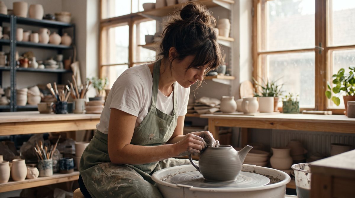 Four stills of one multi-shot video made in ZenCreator. Shot 1: A ceramicist shaping a teapot at a pottery wheel in a sunlit studio
