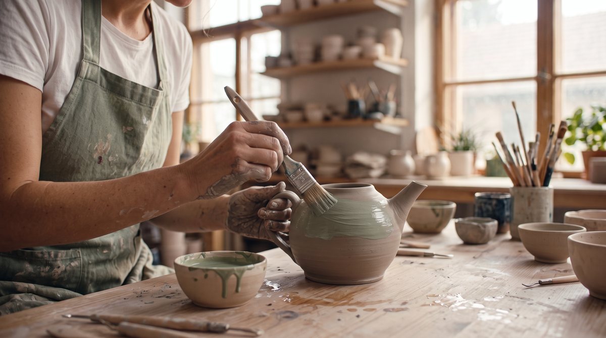 Shot 2: Close-up of her hands glazing the teapot sage green