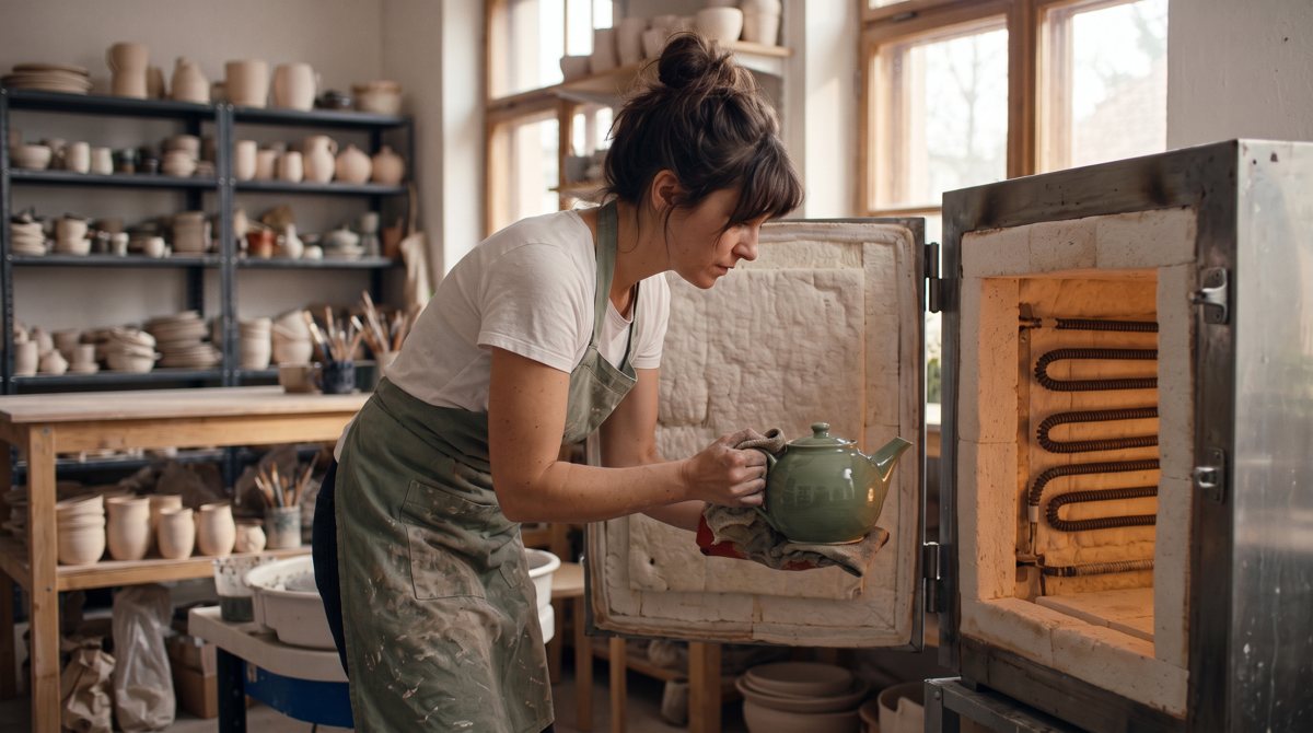 Shot 3: Lifting the glazed teapot out of the kiln