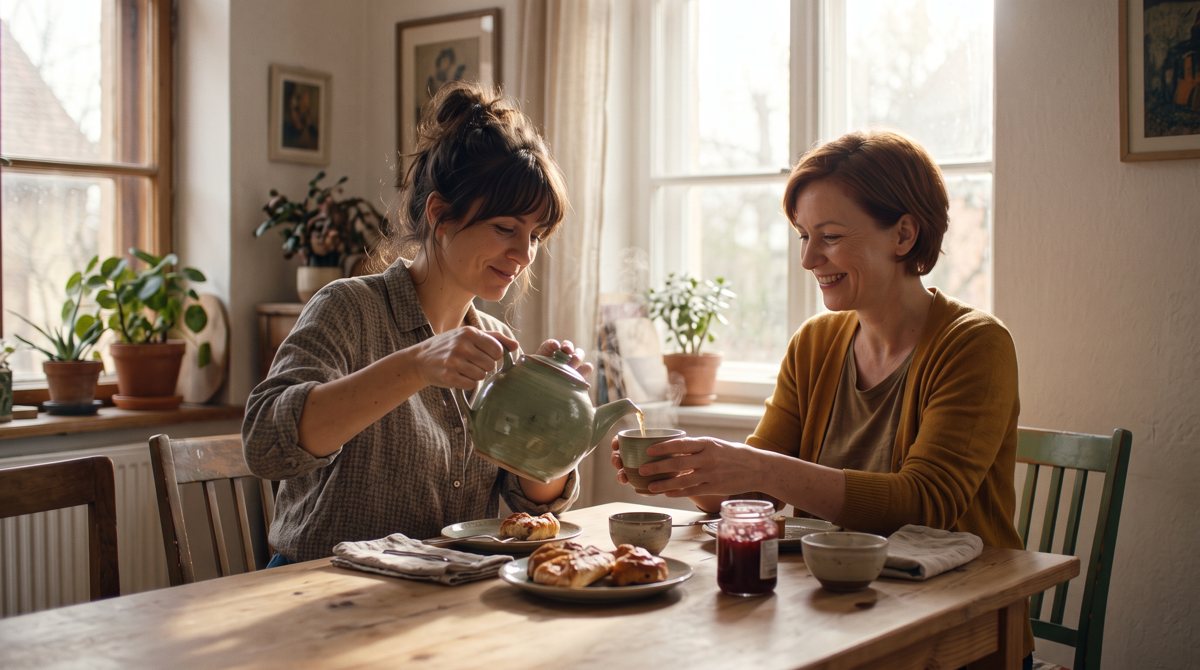 Shot 4: Pouring tea for a friend at a breakfast table