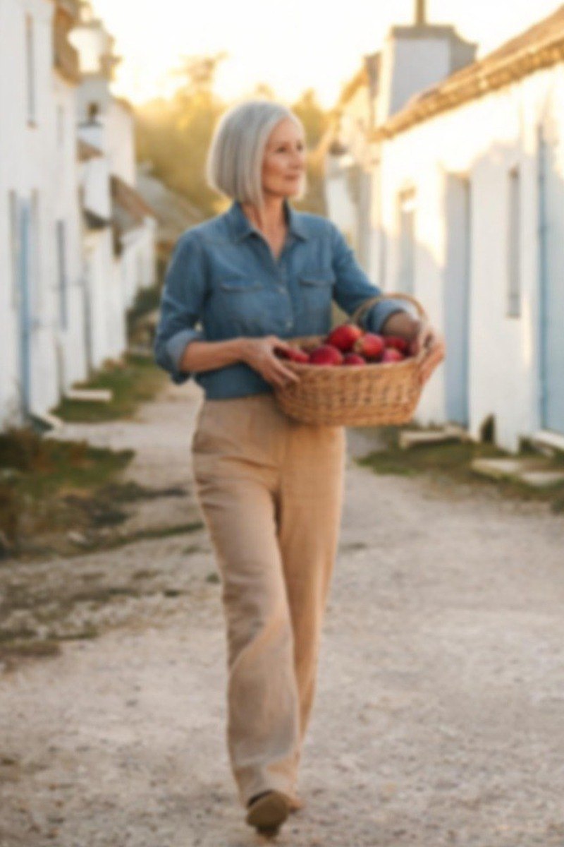 Soft AI render of a silver-haired woman carrying a basket of apples down a whitewashed village lane — before