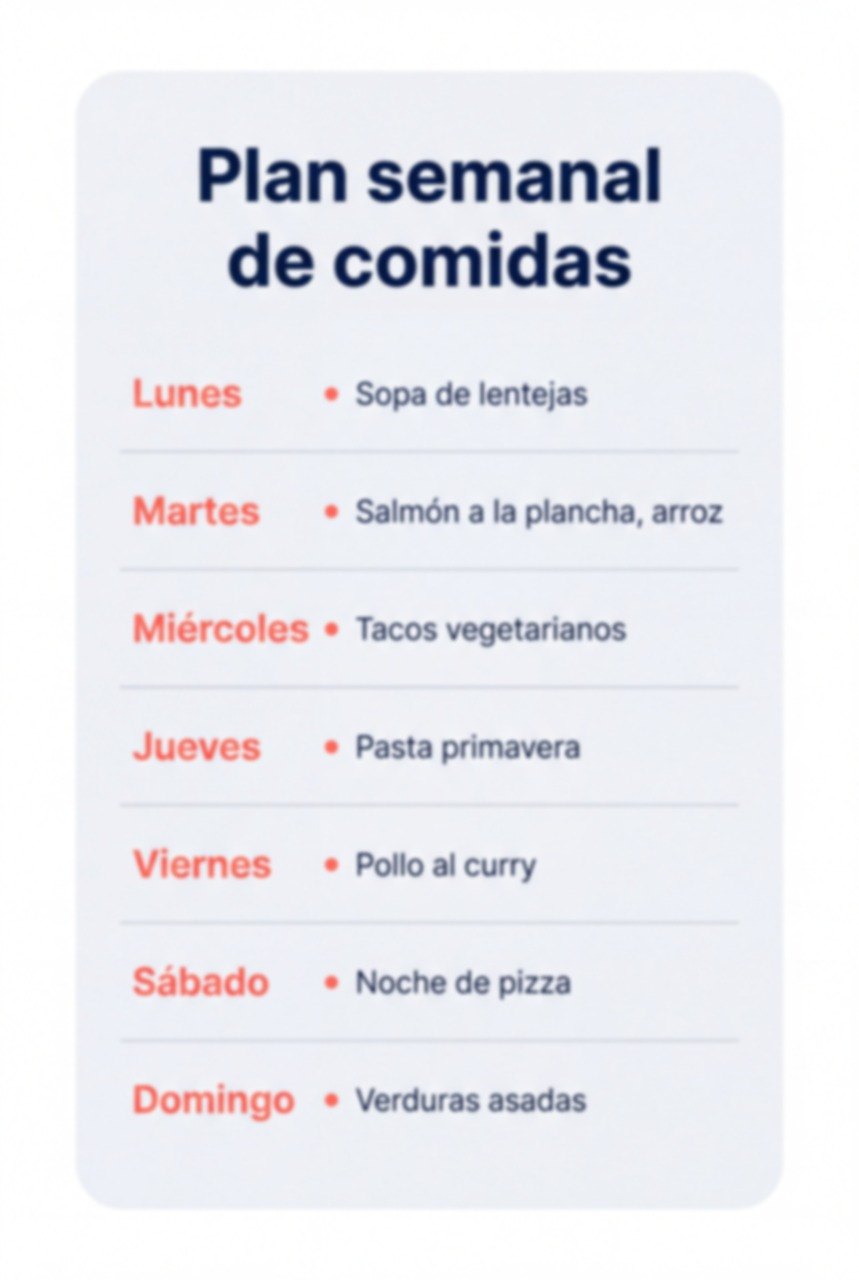 Gráfico de un plan semanal de comidas con texto pequeño y suave: antes