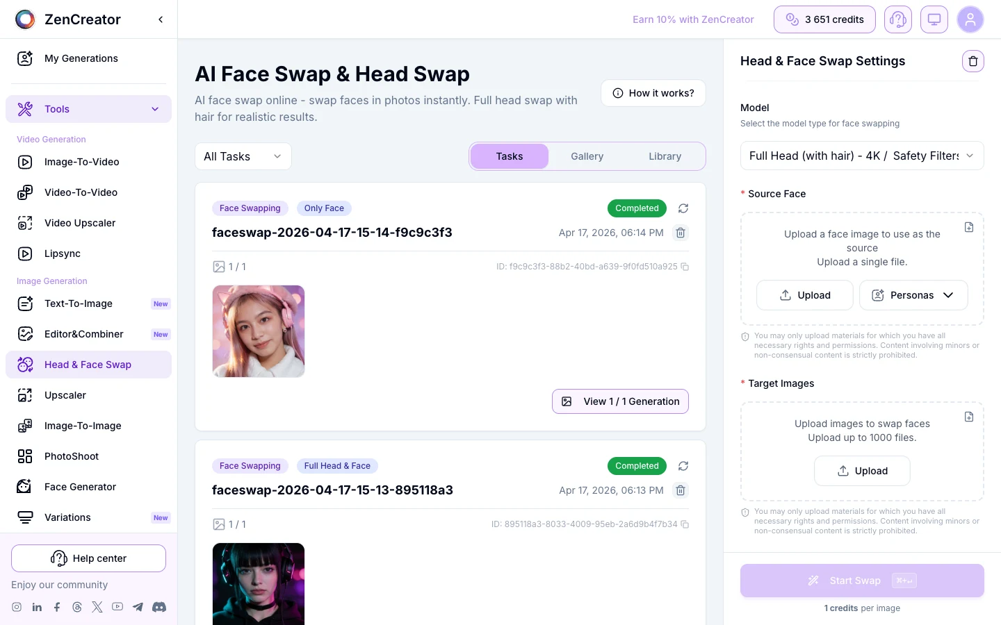 ZenCreator Face Swap tool UI showing the Full Head (with hair) - 4K model option in the dropdown