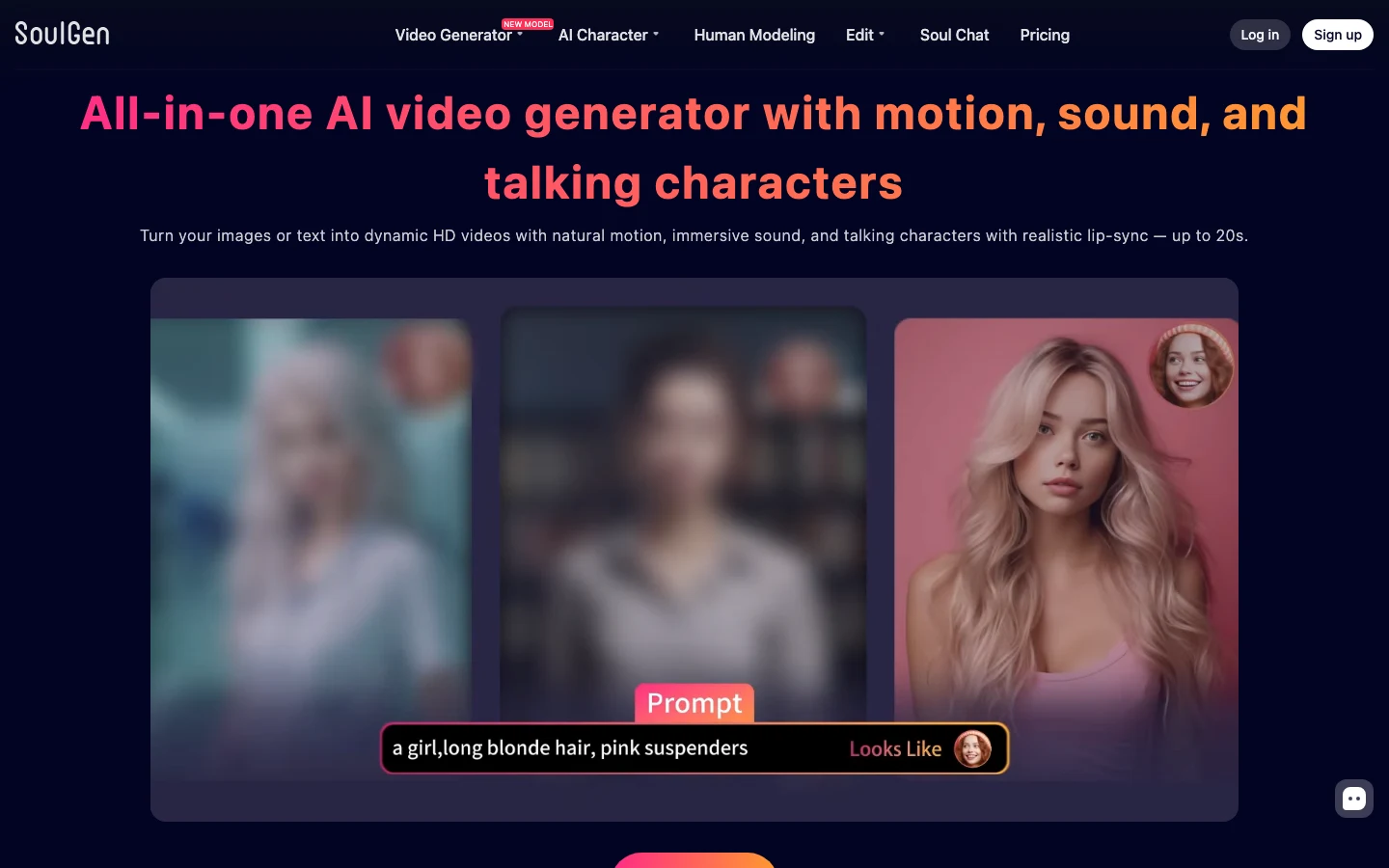SoulGen AI homepage — AI character art generator landing page