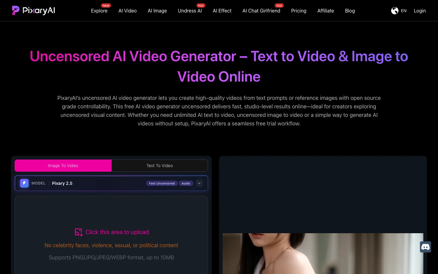 PixaryAI homepage — clothing remover AI with video output landing page