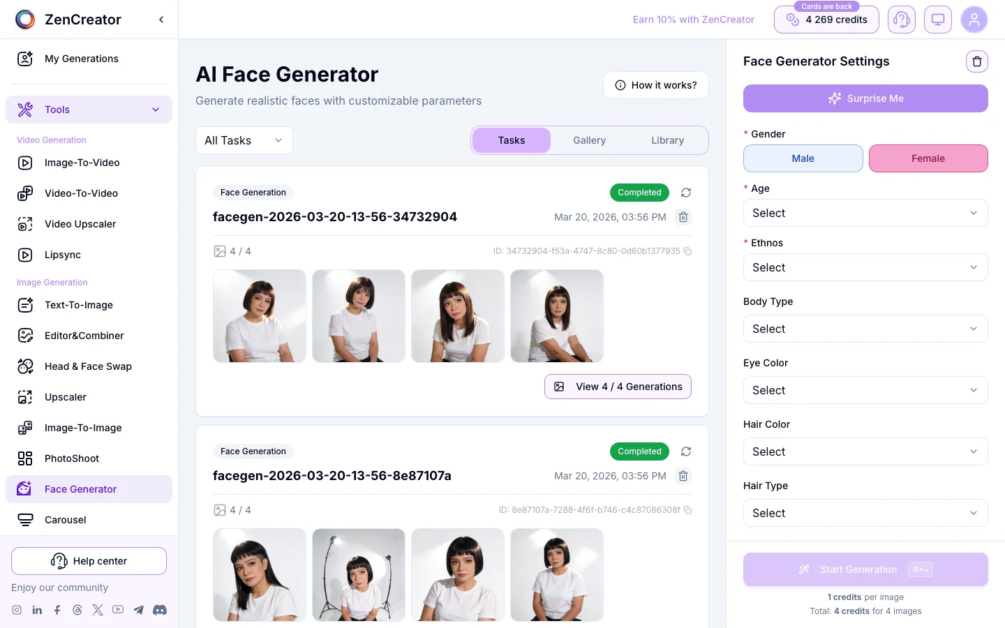 ZenCreator Face Generator interface — gender, age, ethnicity, and feature controls