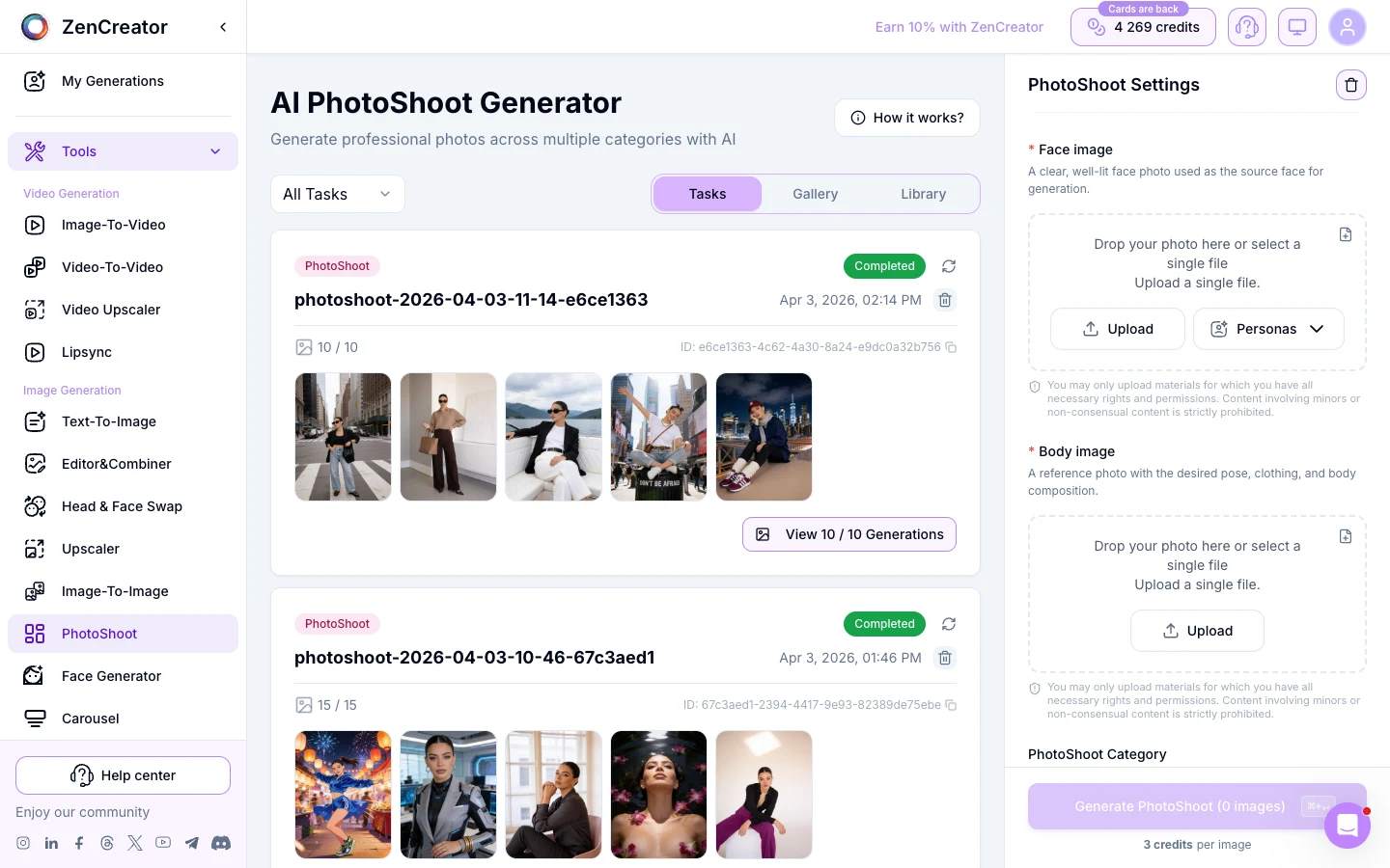 ZenCreator PhotoShoot tool category grid showing all themed photoshoot presets