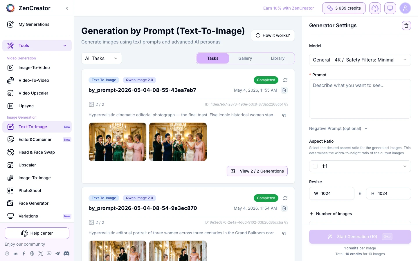 ZenCreator Text-to-Image tool UI showing the model picker with unrestricted engine options